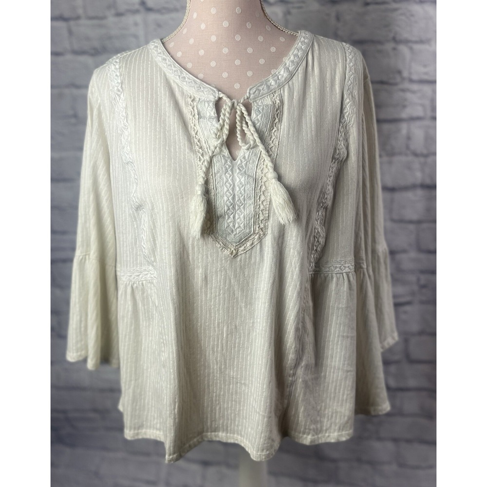 Wonderly White Blouse Size 3XL Crepe Sleeves Boho Peasant Top Tassel Tie NWOT